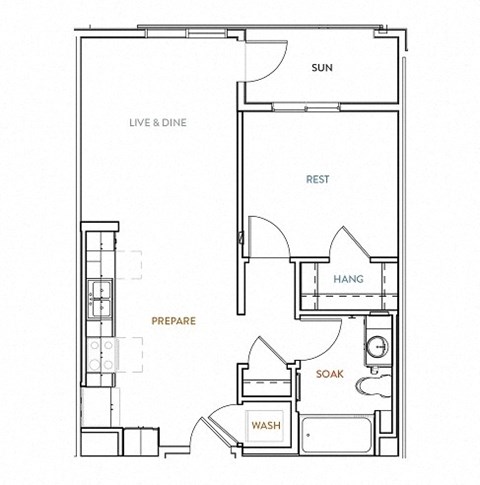 Floor plan for 1 bed, 1 bath, 685 sqft